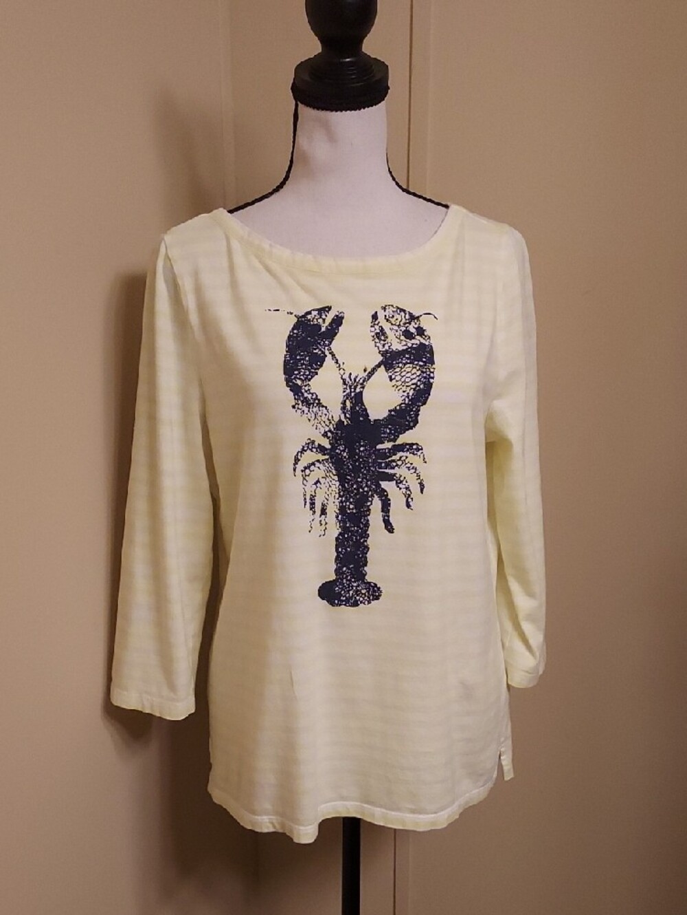 Talbots Yellow and White Striped Cotton 3/4 Length Sleeve Tee